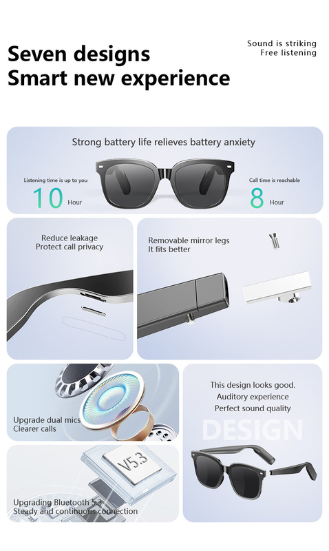 เวลาดนตรี 8 ชั่วโมง Ultralight BT 5.3 Bluetooth แว่นตาสมาร์ท พร้อมการเรียก 110mAh*2 ความจุ