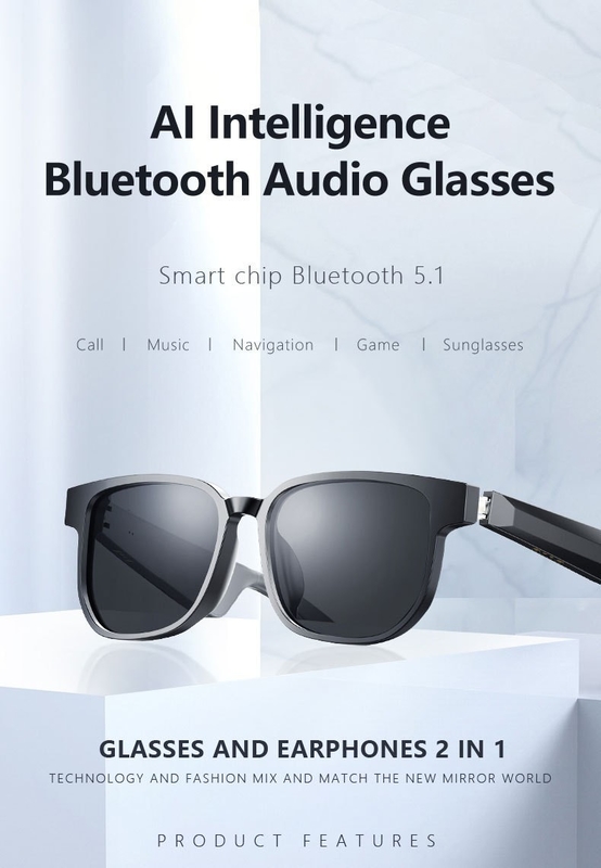 แว่นแดดสีดํา Bluetooth พร้อมการโทร โบลูทูธ 5.1 90mAh เวลาดนตรี 4-6 ชั่วโมง
